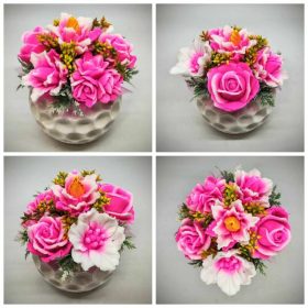   Szappanvirág csokor - Neon pink-fehér vegyes szappanvirág csokor - fehér nagy gömb kaspóban - 2.