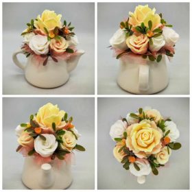   Szappanvirág csokor - Sárga-fehér vegyes szappanvirág csokor - fehér kanna kaspóban - 1.