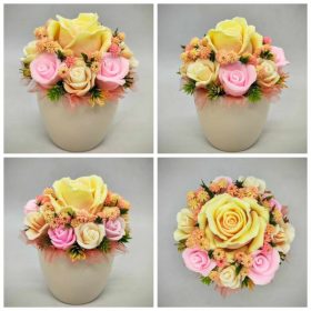   Szappanvirág csokor - Sárga-rózsaszín vegyes szappanvirág csokor - fehér kis kaspóban - 3.