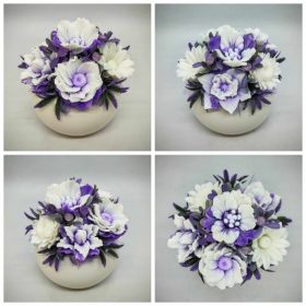   Szappanvirág csokor - Lila-fehér vegyes szappanvirág csokor - fehér gömb kaspóban - 1.