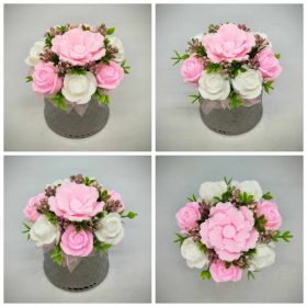   Szappanvirág csokor - Rózsaszín-fehér vegyes szappanvirág csokor - ezüst henger kaspóban - 5.