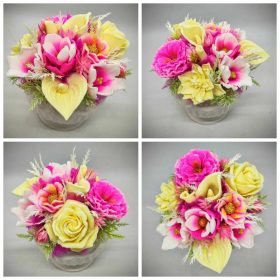   Szappanvirág csokor - Neon pink-sárga vegyes szappanvirág csokor - fehér kaspóban - 3.