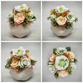   Szappanvirág csokor - Zöld-narancs vegyes szappanvirág csokor - fehér sokszög kaspóban - 2.