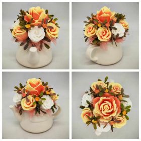   Szappanvirág csokor - Sárga-fehér vegyes szappanvirág csokor - fehér kanna kaspóban - 1.