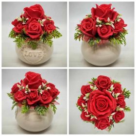   Szappanvirág csokor - Piros rózsás szappanvirág csokor - fehér love kaspóban - 8.