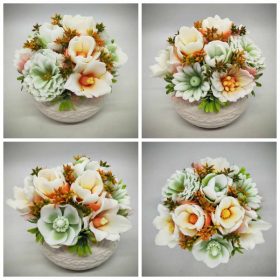   Szappanvirág - Zöld - narancssárga - szappanvirág csokor - mintás fehér gömb kaspóban - 6.