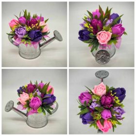   Szappanvirág csokor - lila-vegyes tulipán szappanvirág csokor - ezüst locsoló kannában - 5.