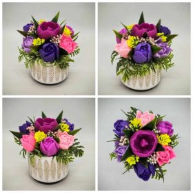   Szappanvirág csokor - lila-vegyes tulipán szappanvirág csokor - fehér - arany toll mintás kis kaspóban - 3.