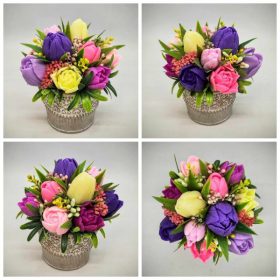   Szappanvirág csokor - lila-vegyes tulipán szappanvirág csokor - arany mintás kis kőkaspóban - 1.