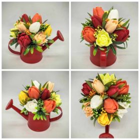   Szappanvirág csokor - Piros-sárga-narancs vegyes tulipán szappancsokor - piros locsolókannában - 5.