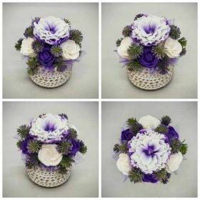   Szappanvirág csokor - Lila-fehér vegyes szappanvirág csokor - fehér arany pöttyös kaspóban - 3.