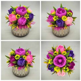   Szappanvirág csokor - Lila vegyes tulipán szappanvirág csokor - toll mintás kis kőkaspóban - 3.