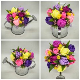   Szappanvirág csokor - lila-vegyes tulipán szappanvirág csokor - ezüst locsoló kannában - 5.