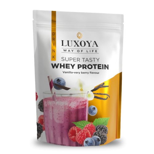 Luxoya - Fehérje por - Whey Protein - Tejsavó koncentrátum italpor - Vanília-Bogyós gyümölcs ízű - DOY - zacskós kiszerelés - 450g