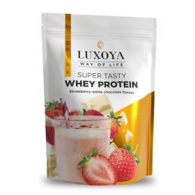 Luxoya - Fehérje por - Whey Protein - Tejsavó koncentrátum italpor - Eper-Fehér csokoládé ízű - DOY - zacskós kiszerelés - 450g   Luxoya - Fehérje por - Whey Protein - Tejsavó koncentrátum italpor - Eper-Fehér csokoládé ízű - DOY - zacskós kiszerelés - 450g