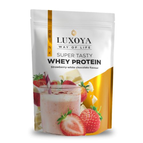 Luxoya - Fehérje por - Whey Protein - Tejsavó koncentrátum italpor - Eper-Fehér csokoládé ízű - DOY - zacskós kiszerelés - 450g