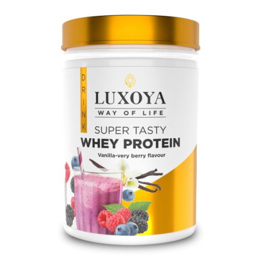 Luxoya - Fehérje por - Whey Protein - Tejsavó koncentrátum italpor - Vanília-Bogyós gyümölcs ízű - PET - dobozos kiszerelés - 450g