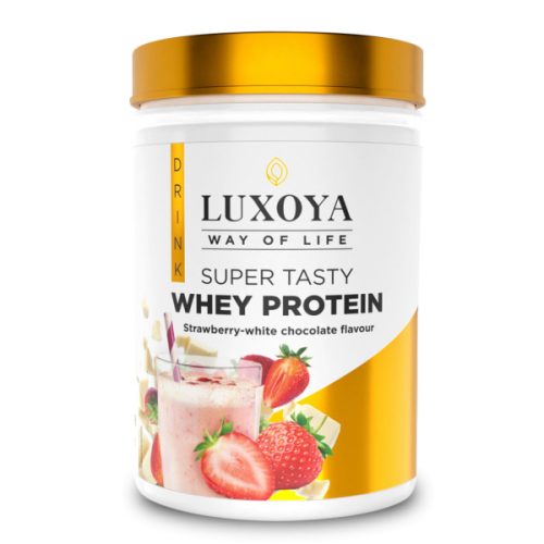 Luxoya - Fehérje por - Whey Protein - Tejsavó koncentrátum italpor - Eper-Fehér csokoládé ízű - PET - dobozos kiszerelés - 450g