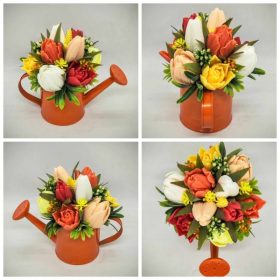   Szappanvirág csokor - piros-sárga-narancs vegyes tulipán szappancsokor - narancssárga locsolókannában - 1.