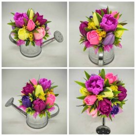   Szappanvirág csokor - lila-vegyes tulipán szappanvirág csokor - ezüst locsoló kannában - 4.