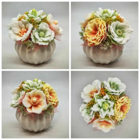   Szappanvirág - Zöld - narancssárga - szappanvirág csokor - fehér bordás kaspóban - 5.