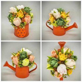   Szappanvirág csokor - Barack-sárga vegyes tulipán szappanvirág csokor - narancs kis  locsolókannában - 1.