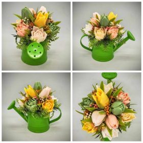   Szappanvirág csokor - Barack-sárga vegyes tulipán szappanvirág csokor - zöld kis  locsolókannában - 2.