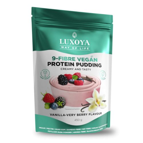 Luxoya - Vegán fehérjét tartalmazó rostpuding - 9 féle rosttal - Vanília-erdei gyümölcs ízű - DOY - 450g 