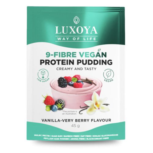 Luxoya - Vegán fehérjét tartalmazó rostpuding - 9 féle rosttal - Vanília-erdei gyümölcs ízű - 45g 
