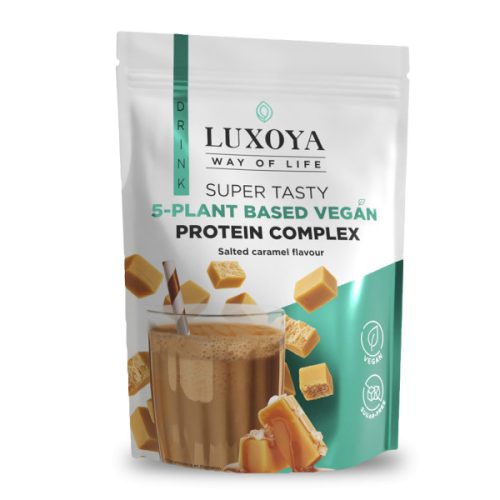 Luxoya - Vegán - Fehérje por - 5 féle növényi fehérjeforrást tartalmazó vegán fehérje italpor - Sós karamella ízű - DOY - zacskós kiszerelés - 450g