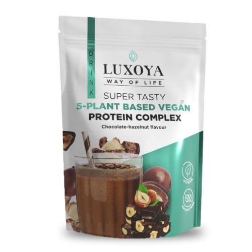 Luxoya - Vegán - Fehérje por - 5 féle növényi fehérjeforrást tartalmazó vegán fehérje italpor - Csokoládé-mogyoró ízű - DOY - zacskós kiszerelés - 450g