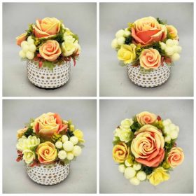   Szappanvirág csokor - Sárga-narancs vegyes szappanvirág csokor - fehér arany pöttyös kis kőkaspóban - 1.