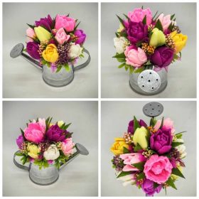   Szappanvirág csokor - Rózsaszín vegyes tulipán szappanvirág csokor - ezüst locsolókannában - 4.