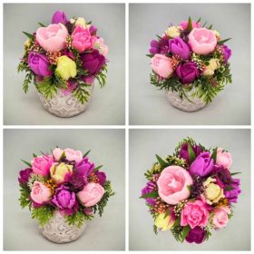   Szappanvirág csokor - Rózsaszín vegyes tulipán szappanvirág csokor - fehér kőkaspóban - 5.