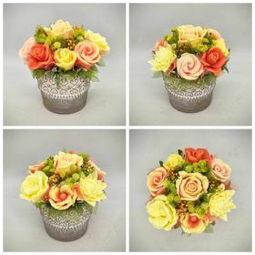   Szappanvirág csokor - Sárga-narancs vegyes szappanvirág csokor - szürke aranymintás kis kőkaspóban - 2.