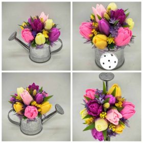   Szappanvirág csokor - Rózsaszín vegyes tulipán szappanvirág csokor - ezüst locsolókannában - 2.