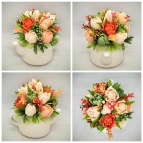   Szappanvirág csokor - Barack - narancs - vegyes tulipán szappanvirág csokor - fehér locsolókanna kaspóban - 4.