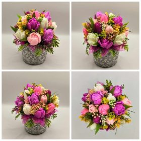   Szappanvirág csokor - Rózsaszín - vegyes tulipán szappanvirág csokor -  kőkaspóban - 4.