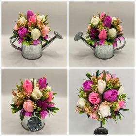   Szappanvirág csokor - Rózsaszín - vegyes tulipán szappanvirág csokor - ezüst locsolókannában - 3.