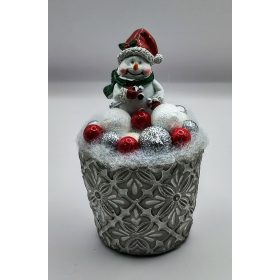   Hóember - ezüst-fehér-piros gömbökkel - karácsonyi asztaldísz - kis kőkaspóban - 2.