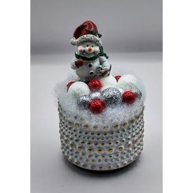   Hóember - ezüst-fehér-piros gömbökkel - karácsonyi asztaldísz - kis fehér  kaspóban - arany pöttyös - 1.