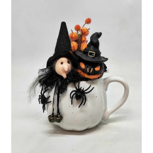 Boszorka - fekete kalapos tök szappannal - halloween asztaldísz - fehér tök bögrében - 2.