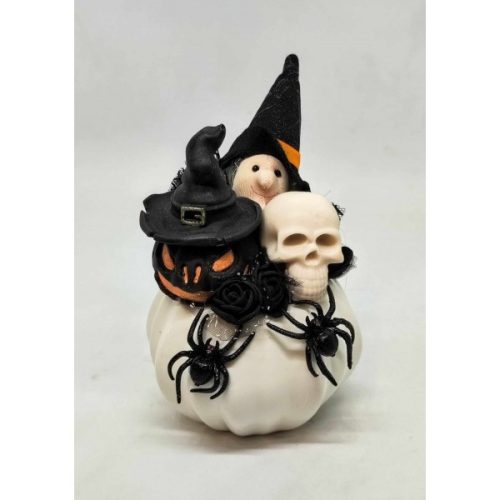 Boszorka - fekete kalapos tök és koponya szappannal - halloween asztaldísz - fehér tök kaspóban - 1.