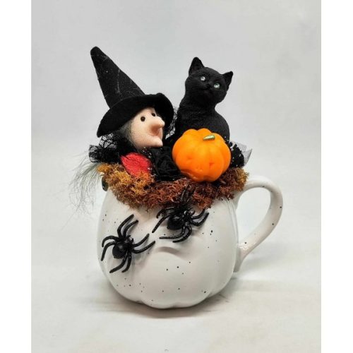 Boszorka - fekete cica és tök szappannal - halloween asztaldísz - fehér tök bögrében - 3.