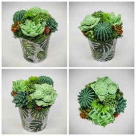   Szappanvirág - Szukkulens - pozsgás szappanvirág csokor - levélmintás fémkaspóban