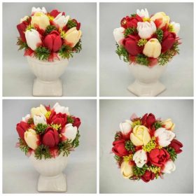   Szappanvirág csokor - Piros-fehér-sárga tulipán vegyes szappanvirág csokor - fehér kupa kaspóban - 5.