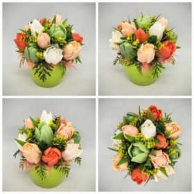   Szappanvirág csokor - Barack - narancs - vegyes tulipán szappanvirág csokor - zöld kis kaspóban - 6.