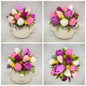   Szappanvirág csokor - Rózsaszín - fehér - vegyes tulipán szappanvirág csokor - fehér locsolókanna kaspóban - 2.