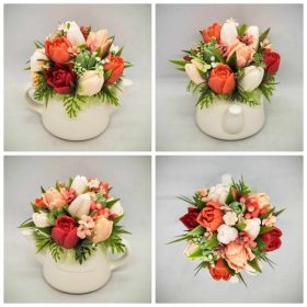   Szappanvirág csokor - Barack - piros - vegyes tulipán szappanvirág csokor - fehér locsolókanna kaspóban - 5.