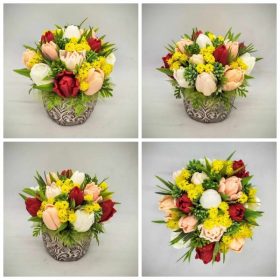   Szappanvirág csokor - Barack - piros - vegyes tulipán szappanvirág csokor - kis kőkaspóban - 7.